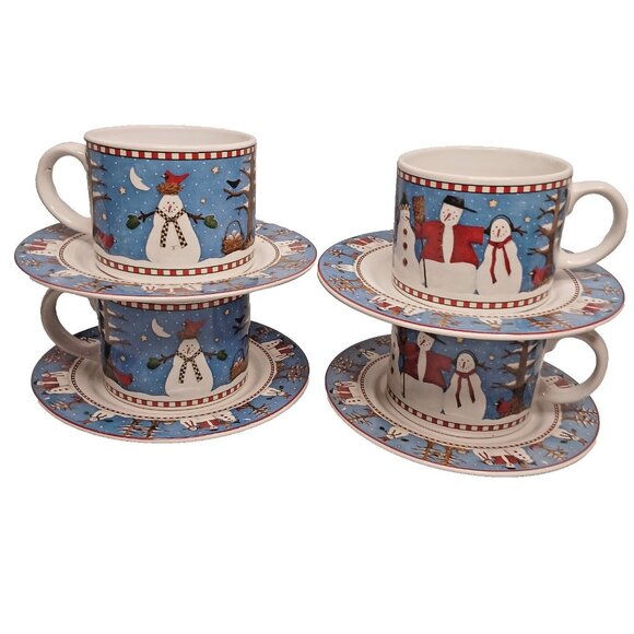 4 Cups and Saucer Sets Sakura Debbie Mumm Vintage 1997 Stoneware Christmas - Picture 1 of 16